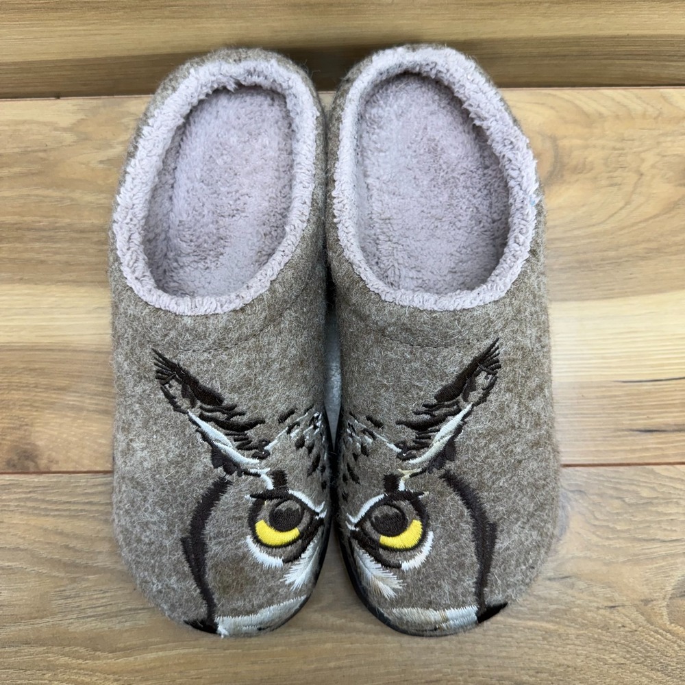 LL BEAN Daybreak Scuff Slippers Womens 9 M Taupe Owl Wool Cozy Faux Sherpa